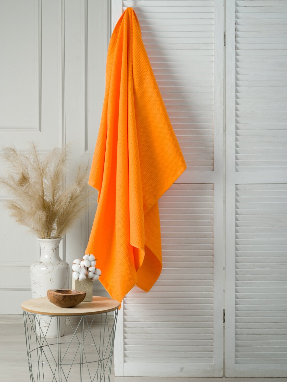 Полотенце BIO-TEXTILES вафельное 100*150 оранжевое банное домашнее пляжное 100% хлопок банная простынь - фотография № 5