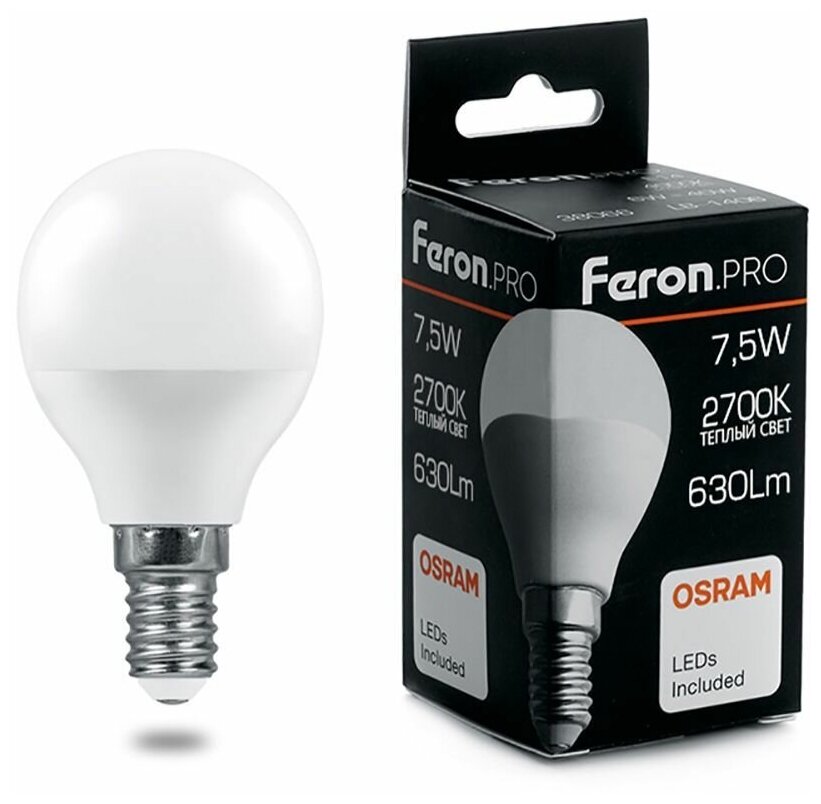 Светодиодные лампы Feron Лампа светодиодная Feron.PRO LB-1407 Шарик E14 7.5W 2700K 38071 (упаковка 5 шт)