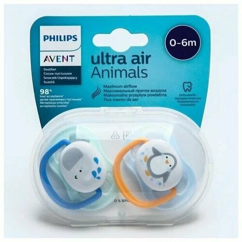 Соска-пустышка силиконовая Philips Avent ultra air SCF080/05 с футляром для хранения и стерилизации, 0-6 мес, 2 шт