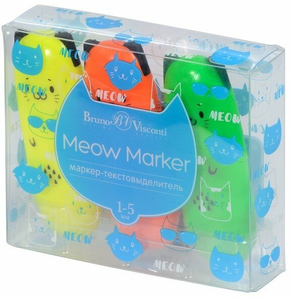 Набор текстовыделителей Meow Marker, 3 штуки, неон желтый, зеленый, оранжевый Bruno Visconti - фото №2