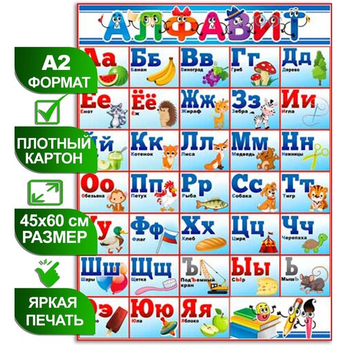 Обучающий плакат Алфавит, формат А2, 45х60 см, картон обучающий плакат пиши правильно формат а2 45х60 см картон 1 шт