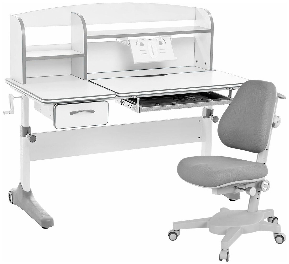 Комплект Anatomica Smart-50 парта + кресло + надстройка + подставка для книг белый/серый с серым креслом Armata - фотография № 5