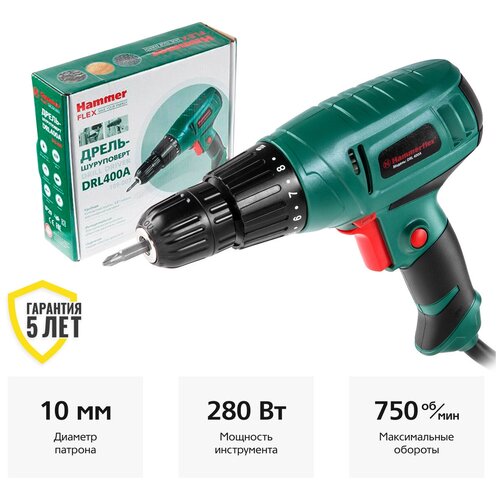 Дрель-шуруповерт Hammer DRL400A 59315 280 Вт без аккумулятора 255000₽