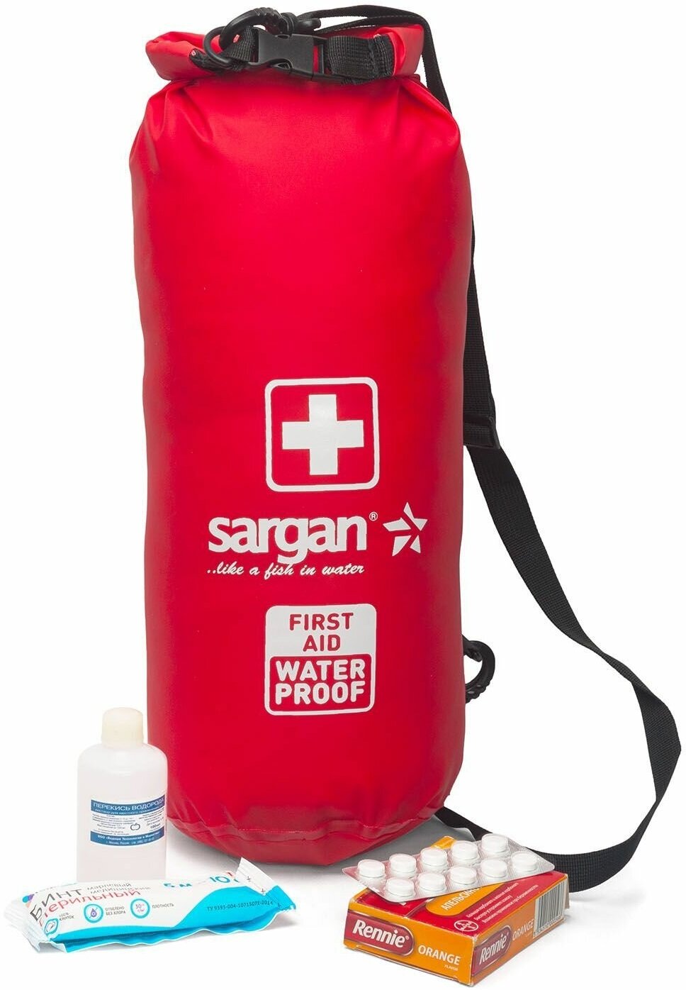 Аптечка на лямке через плечо влагозащитная SARGAN санитар объемный, 5 литров, гермомешок/гермосумка, красный ПВХ (Лекарства в комплект не входят)