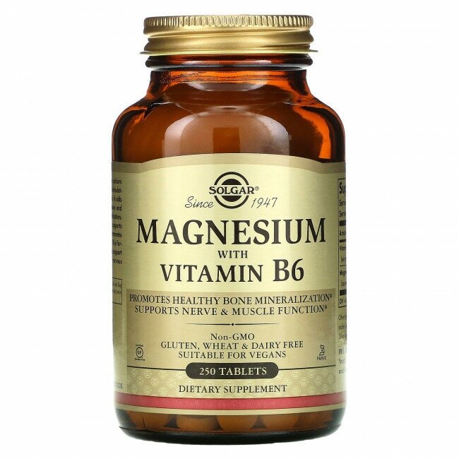 Комплекс Solgar "Magnesium with Vitamin B6", для нервной системы и сосудов, 250 табл. — фото 1