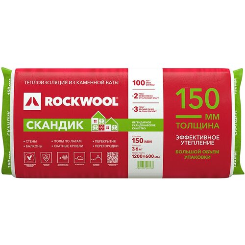 Утеплитель Rockwool Лайт Баттс Скандик 150х600х1200 мм 3,6 кв. м утеплитель роквул лайт баттс экстра 100х600х1000 мм 2 4 кв м