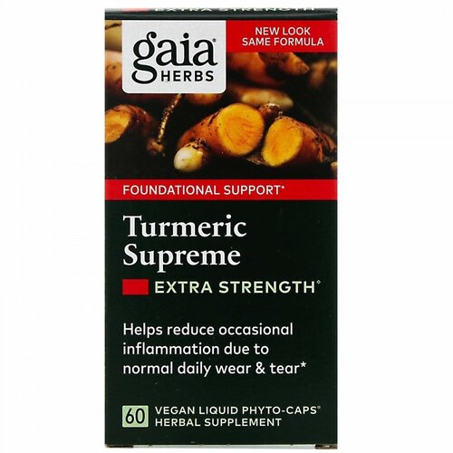 Gaia Herbs, Turmeric Supreme, Extra Strength, куркума, 60 растительных фито-капсул с жидкостью