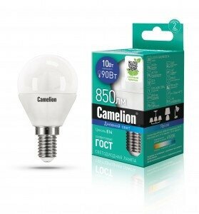 Светодиодная LED лампа Camelion Шар G45 E14 10W(850lm 220°) 6500K 6K матовая 90x47 пластик LED10-G45/865/E14 (упаковка 25 штук)