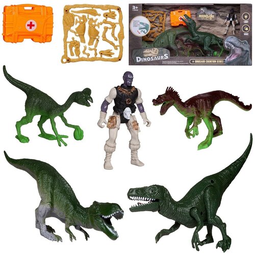 Игровой набор Junfa Динозавры (2 больших динозавра, 2 маленьких динозавра, детали для сборки динозавра, фигурка человека, чемоданчик) свет, звук WA-19272