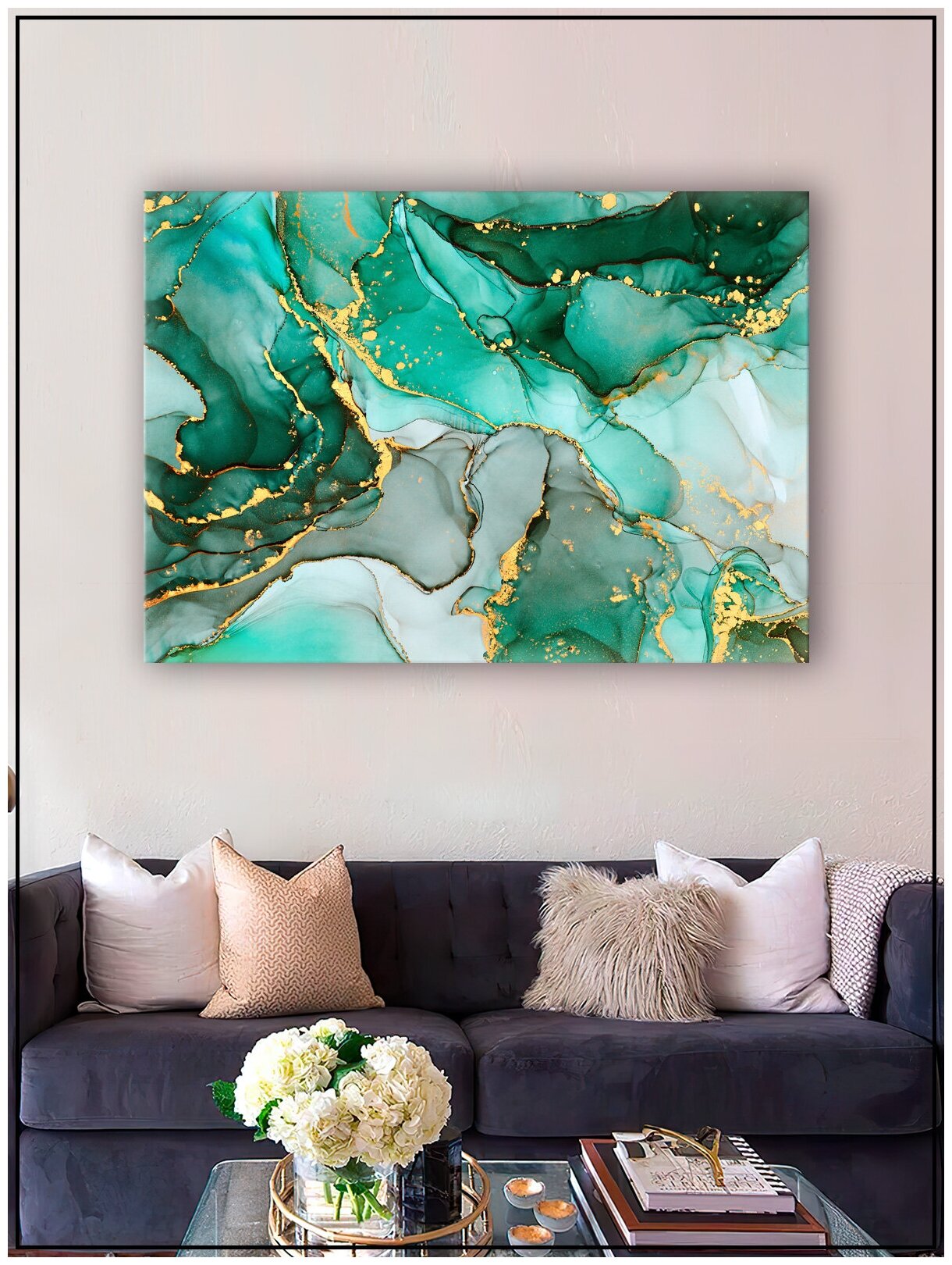 Картина для интерьера на натуральном хлопковом холсте "Абстракция зеленый мрамор", 30*40см, холст на подрамнике, картина в подарок
