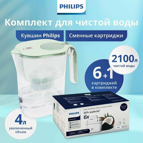 Кувшин для воды Philips AWP2938GNT/51, 4 литра с фильтр-картриджем в комплекте + набор Philips AWP212/51, 6 шт