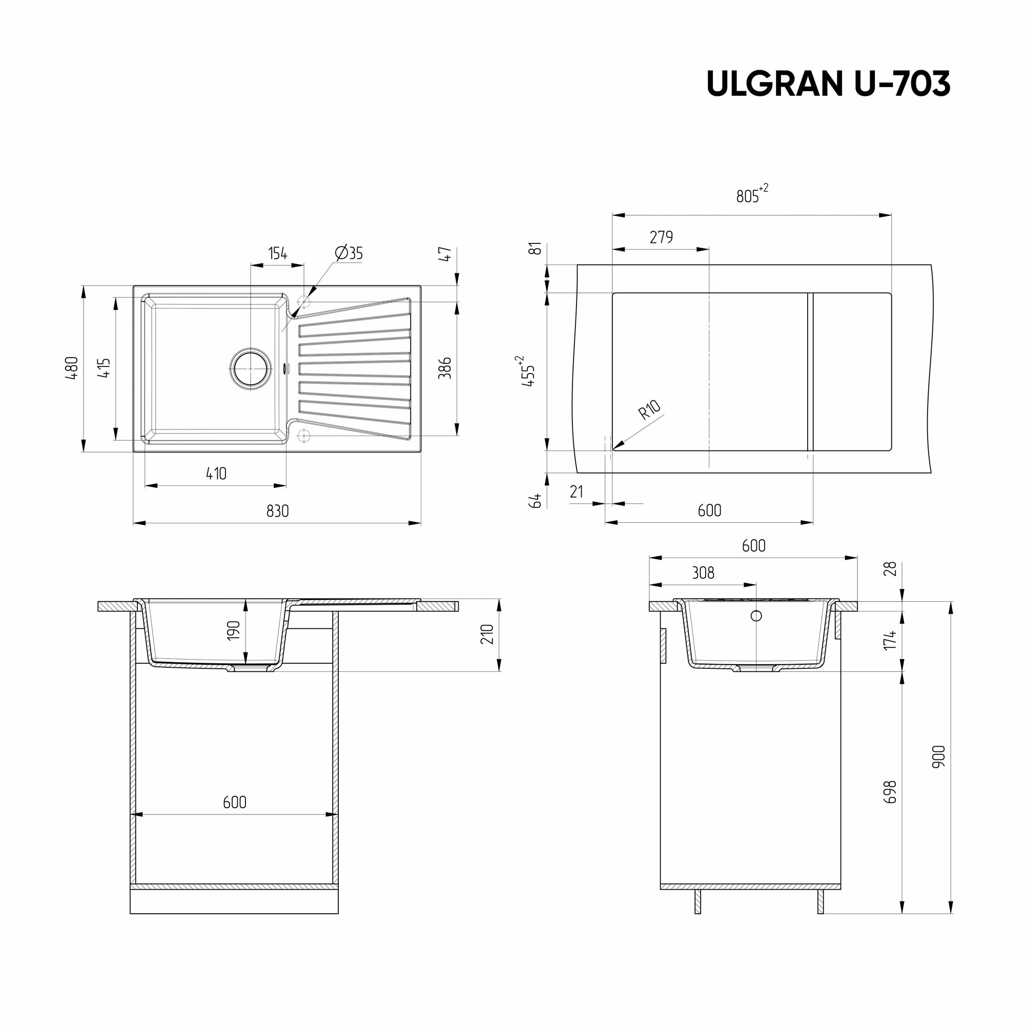 Мойка кухонная Ulgran U-703 -309 темно-серая U-703-309 - фотография № 7