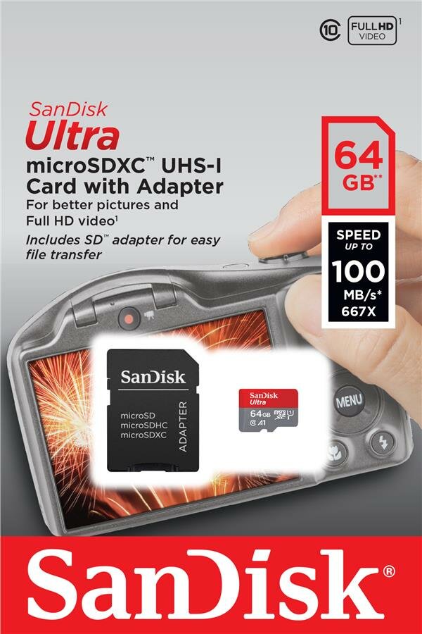 Карта памяти SanDisk Ultra microSDXC 64 ГБ Class 10, UHS-I, R 100 МБ/с, адаптер на SD, серый