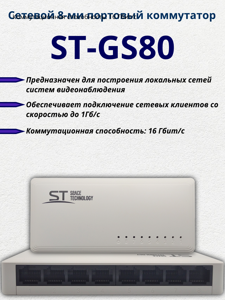 Коммутатор ST-GS80 cетевой 8-ми портовый 1Гб/с.