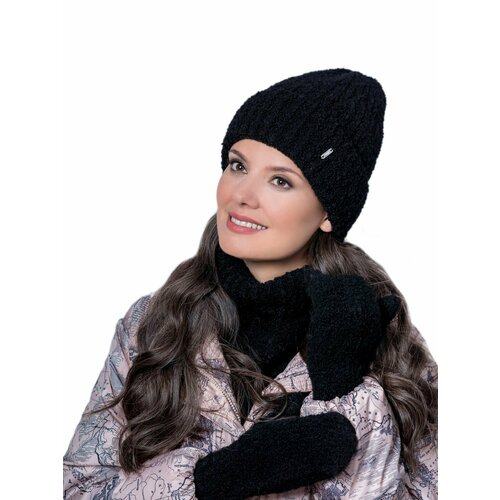фото Шапка бини landre зимняя, шерсть, подкладка, вязаная, утепленная, размер 56-59 см, черный