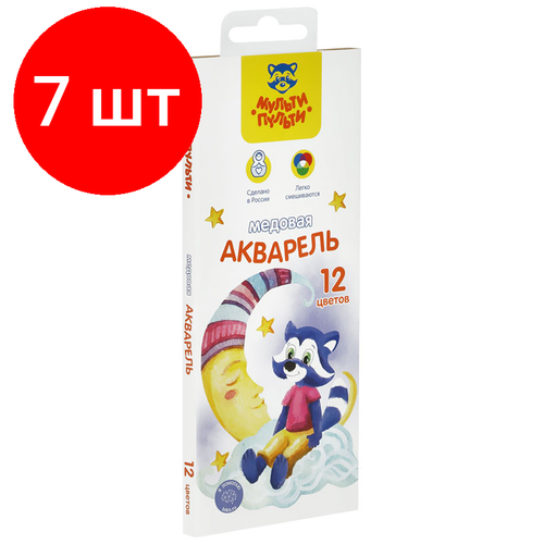 Комплект 7 шт, Акварель Мульти-Пульти Енот в сказке, медовая, 12 цветов, без кисти, картон, европодвес