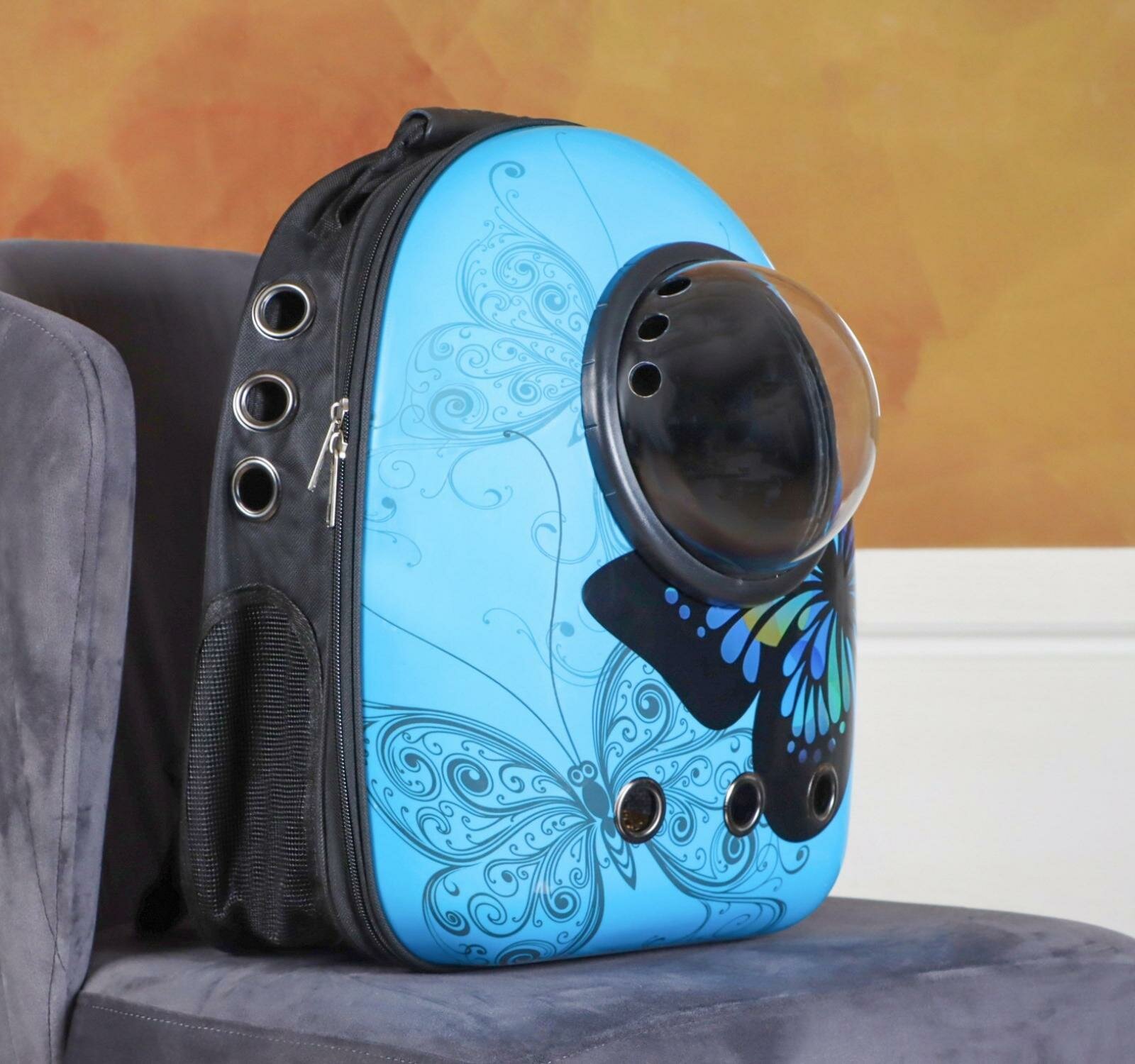Рюкзак для переноски животных "Бабочка", с окном для обзора, 32 х 26 х 44 см, голубой
