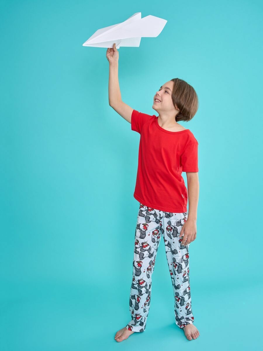 Пижама Веселый Малыш Chilly panda, размер 146, серый/красный — фото 1