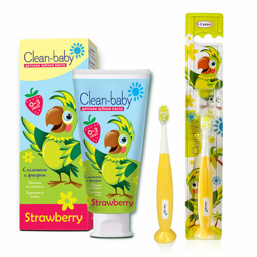 Детская зубная паста Clean-baby Клубника 0-3 года, 50 мл + Зубная щетка Clean-Baby Попугай 0-3 лет