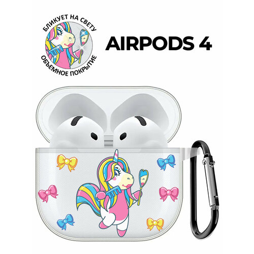 Чехол на Apple AirPods 4 с принтом "Lady Unicorn" прозрачный желтый, белый, бесцветный, голубой