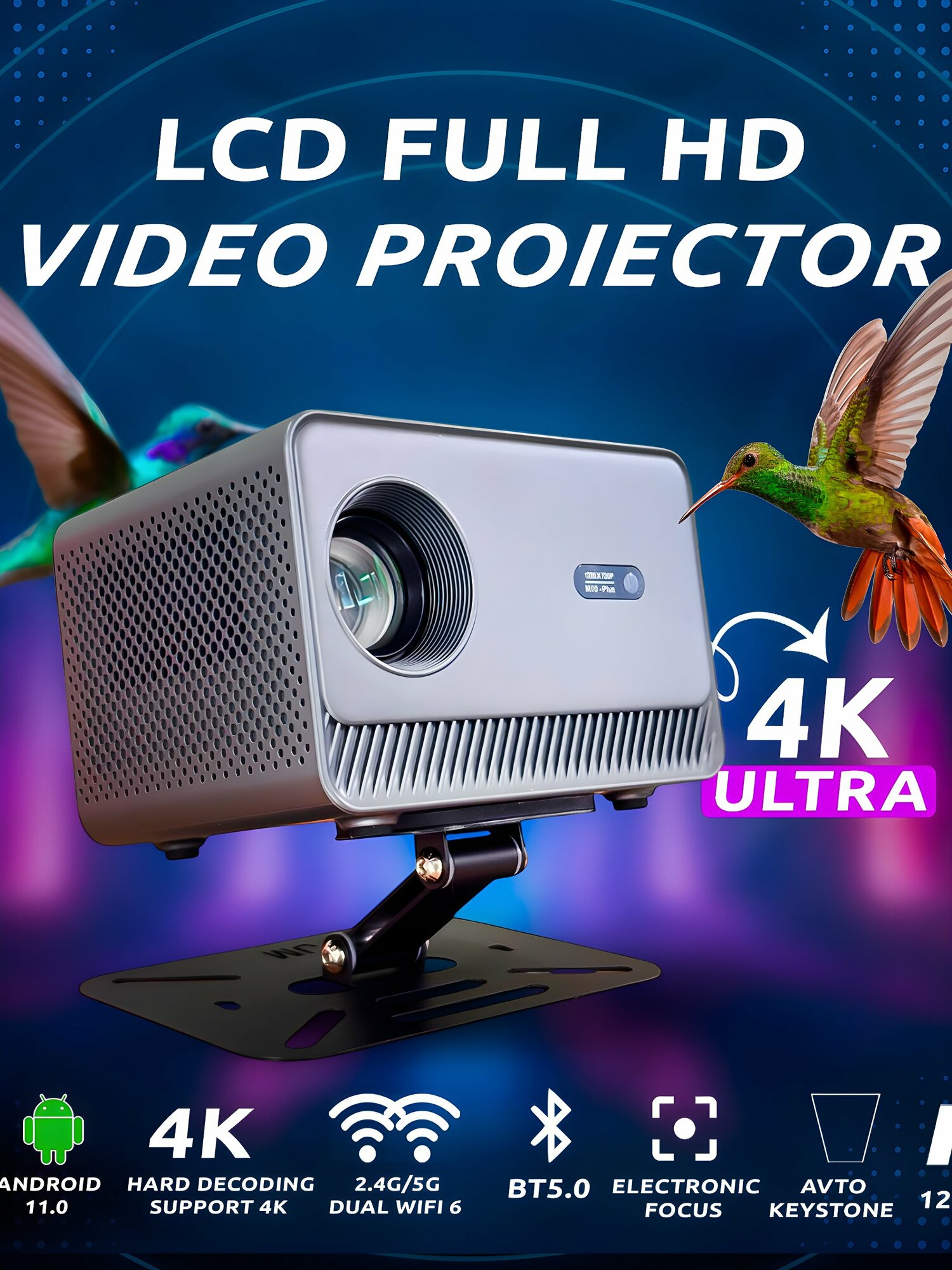 Умный проектор HY 300 4K FULL HD, Wi-Fi, серый