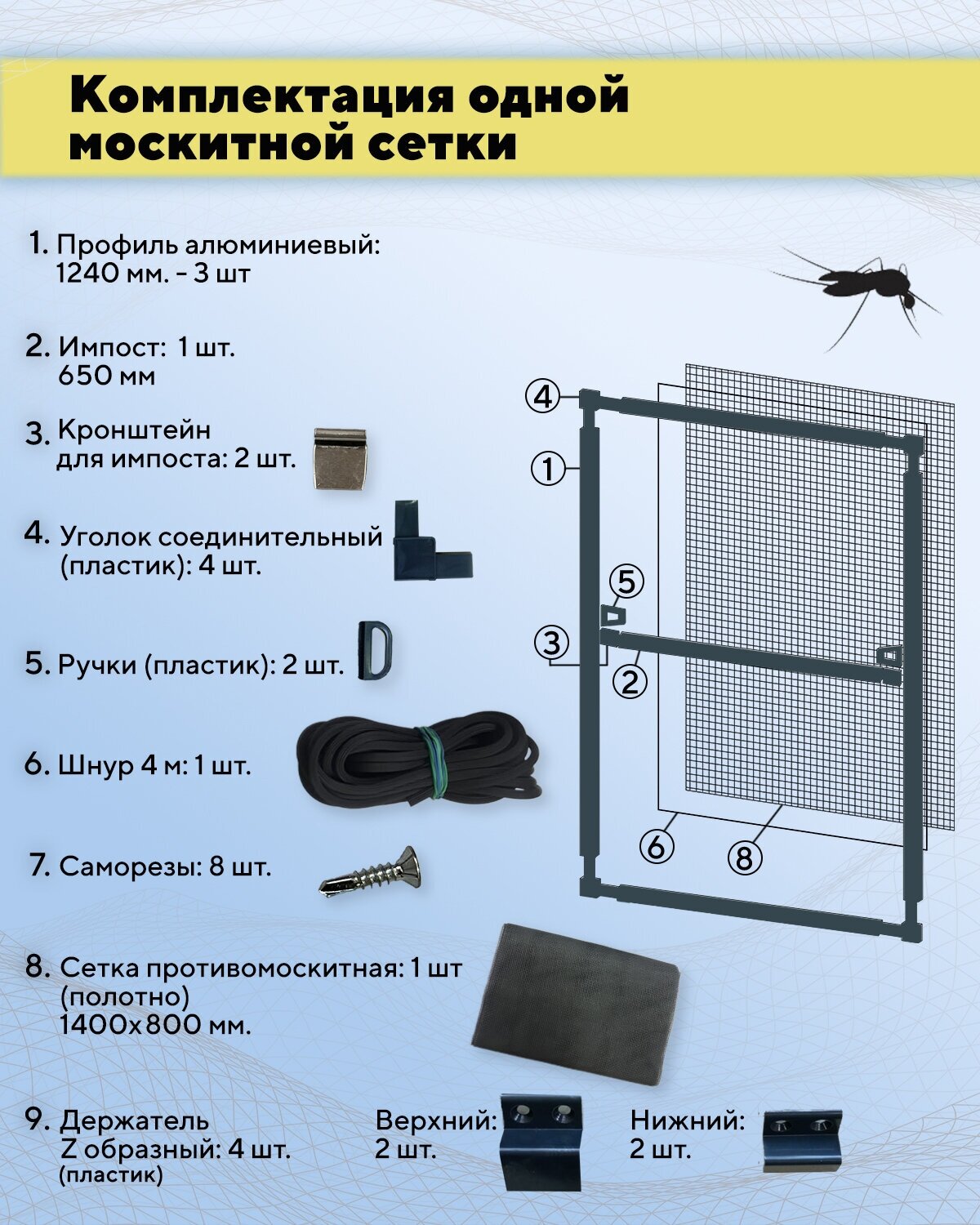 Москитная сетка на окно для самостоятельной сборки (профиль алюминиевый) 1300х680 мм - 2 шт., цвет антрацитовый - фотография № 3