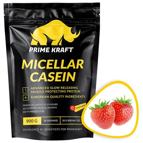 Протеин Prime Kraft Micellar Casein, 900 гр., клубника prime kraft micellar casein 900 гр клубника банан