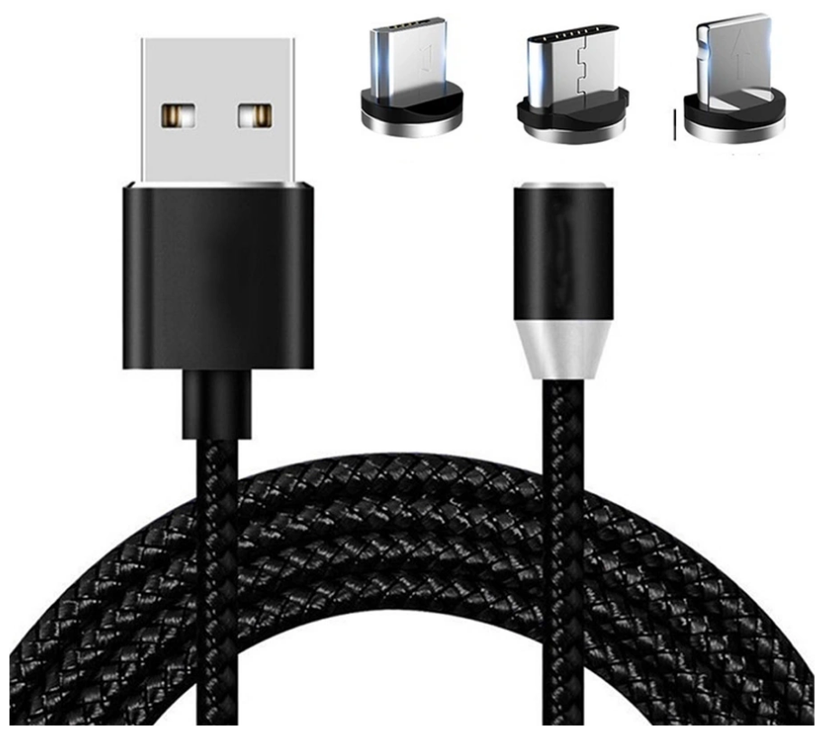 Кабель Магнитный зарядки 3-в-1 (microUSB + type-C + Lightning)для iPhone/Xiaomi/Samsung/1002 мм, Черный