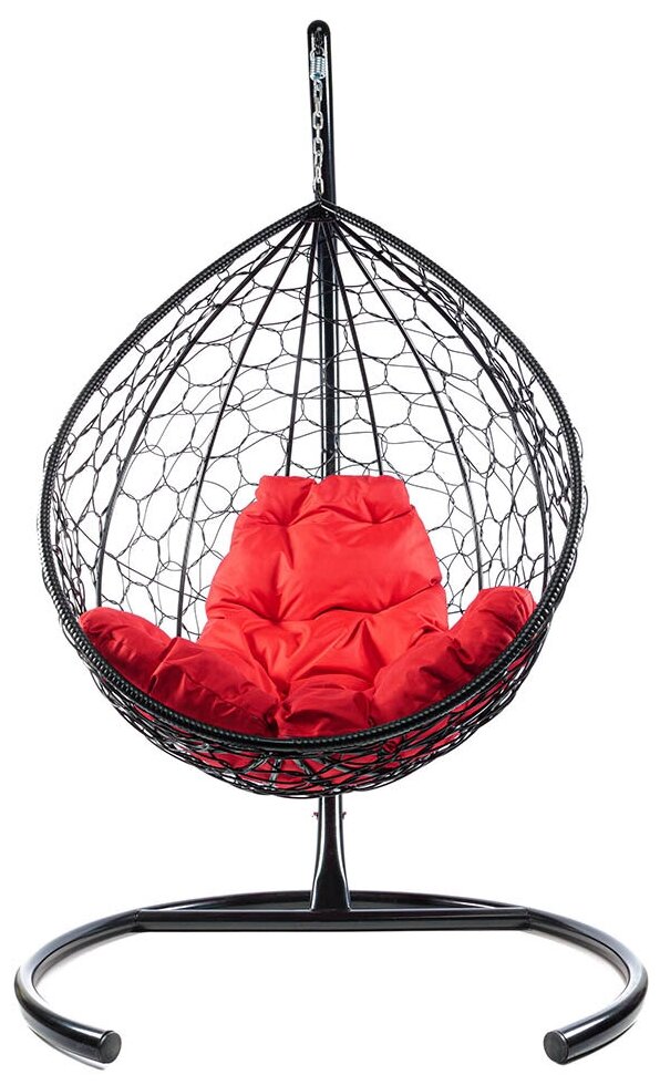 Подвесное кресло из ротанга "Капля" чёрное с красной подушкой M-Group