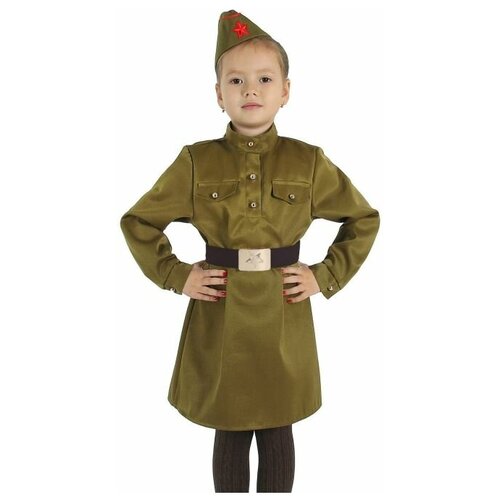 Карнавальный костюм для девочки Военный, платье, ремень, пилотка, размер 68, рост 134 см карнавальный костюм для девочки военный платье ремень пилотка размер 68 рост 134 см