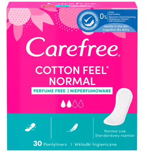 Ежедневные прокладки Carefree СOTTON FEEL NORMAL PERFUME FREE, женские гигиенические 100% дышащие, мягкие, 30 штук, 1 упаковка