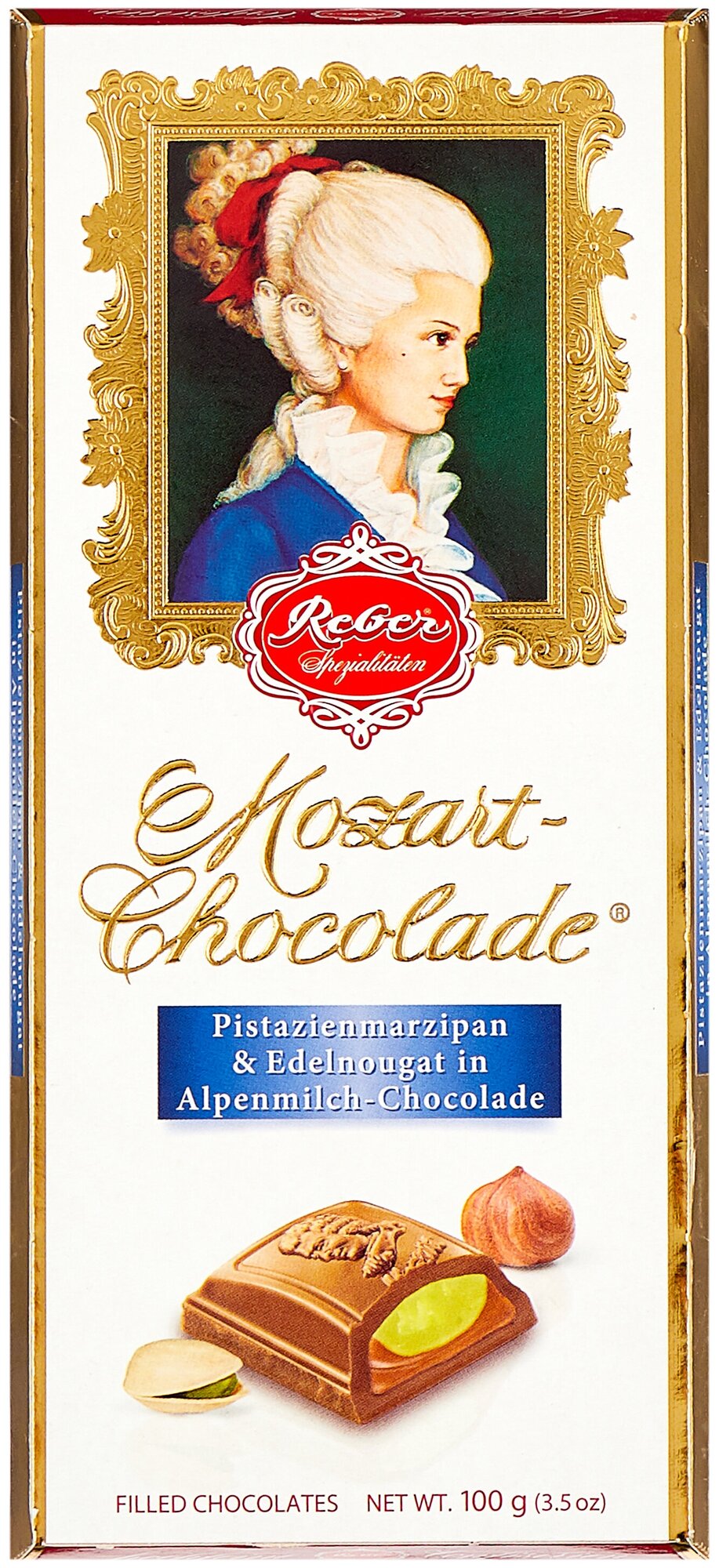 Шоколад Reber Mozart AlpenVollmilch молочный с ореховым пралине и фисташковым марципаном, 100 г