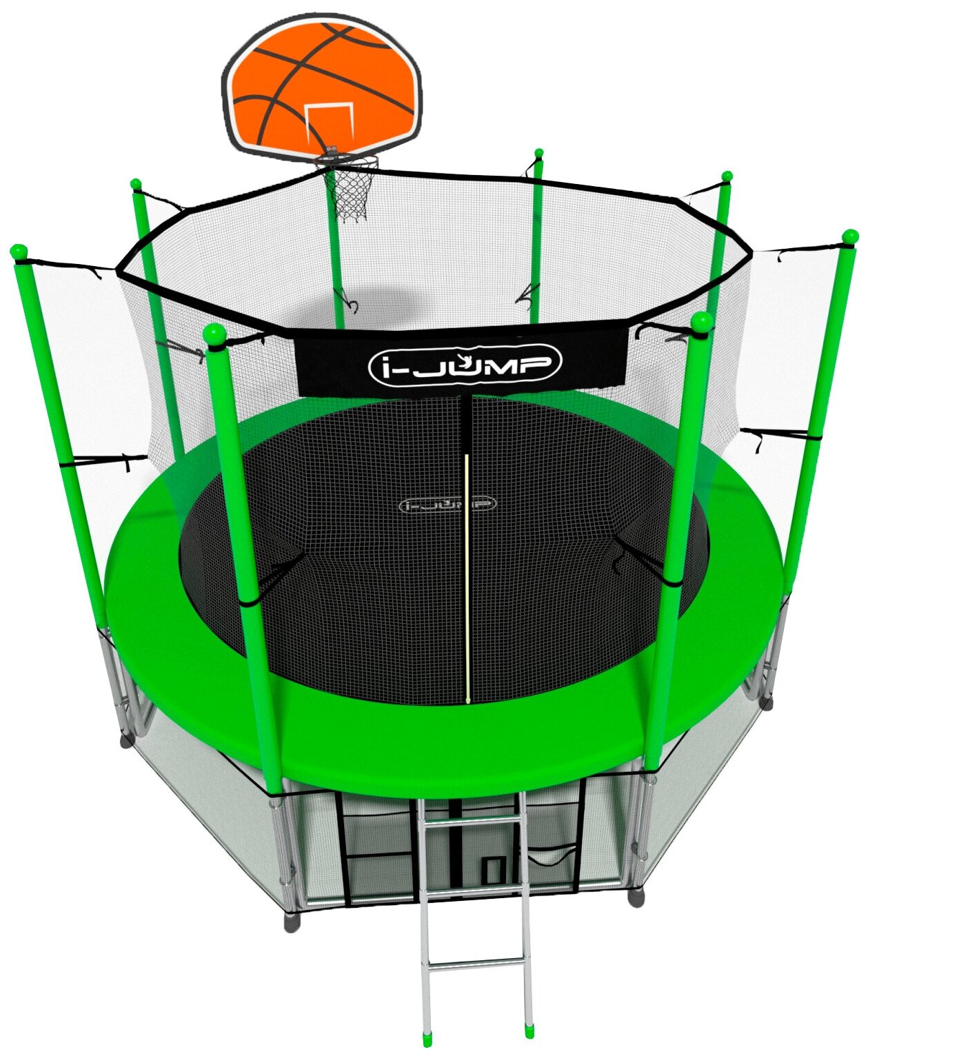 Батут i-Jump Basket 12ft 3,66м с нижней сетью и лестницей (green)
