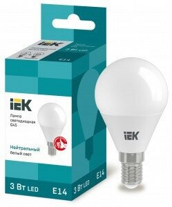 Светодиодная LED лампа IEK шар G45 E14 3W(270lm) 4000K 4K 78x45 матовая ECO LLE-G45-3-230-40-E14 (упаковка 14 штук)