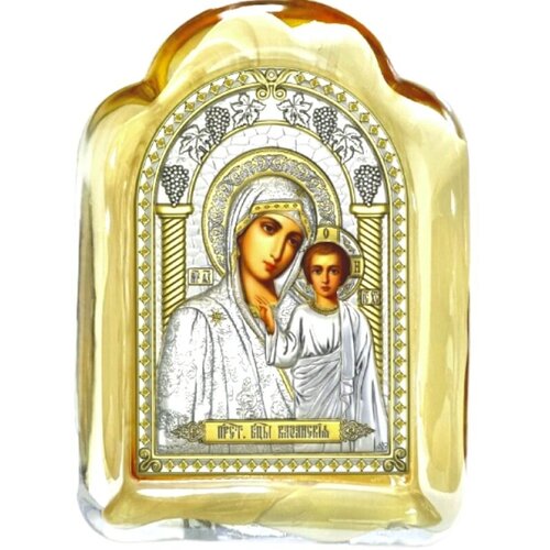 Икона серебряная Казанская Божия Матерь на муранском стекле