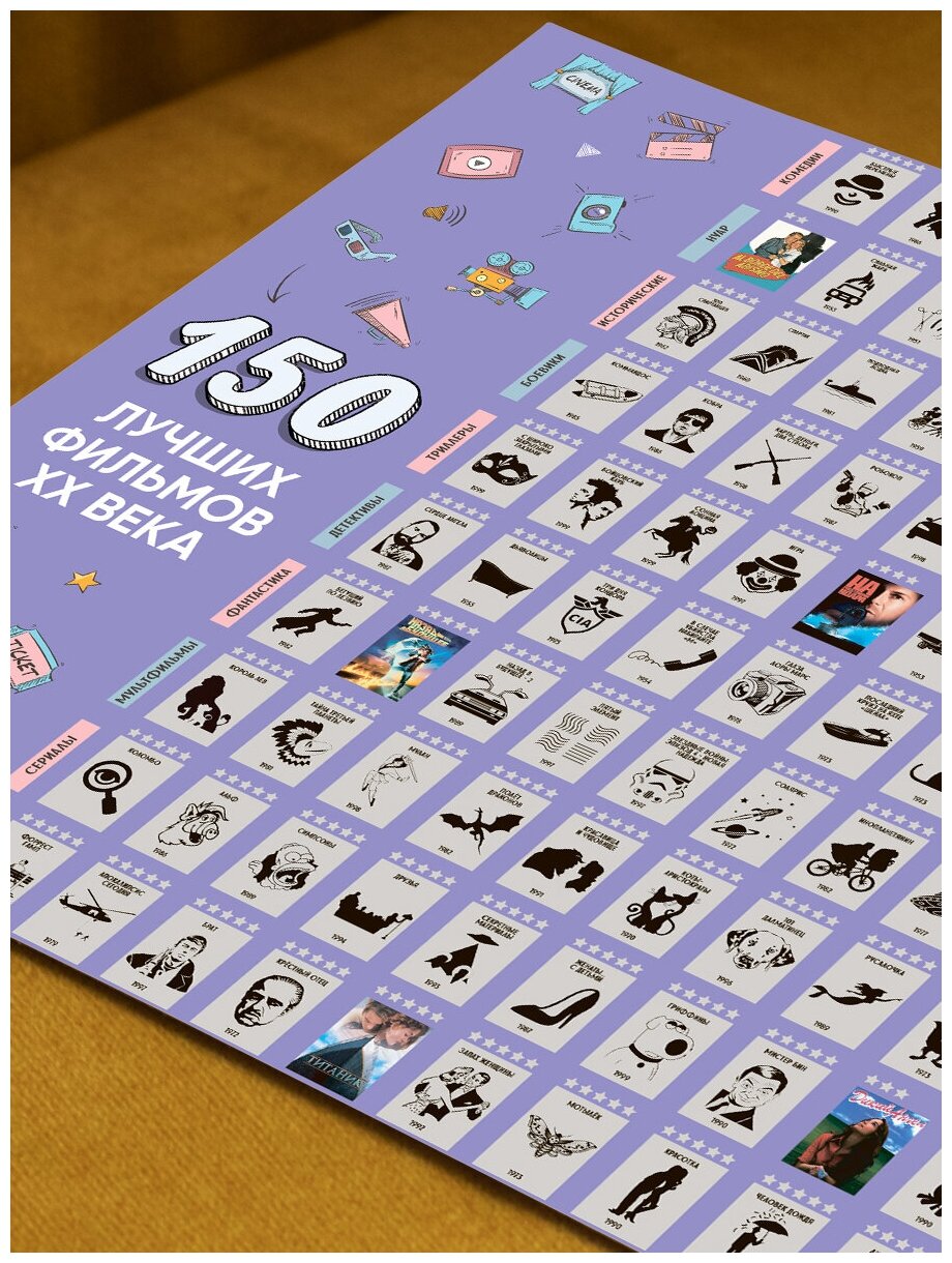 Набор скретч постеров 300 лучших фильмов / Плакат в тубусе / Оригинальный подарок на день рождения