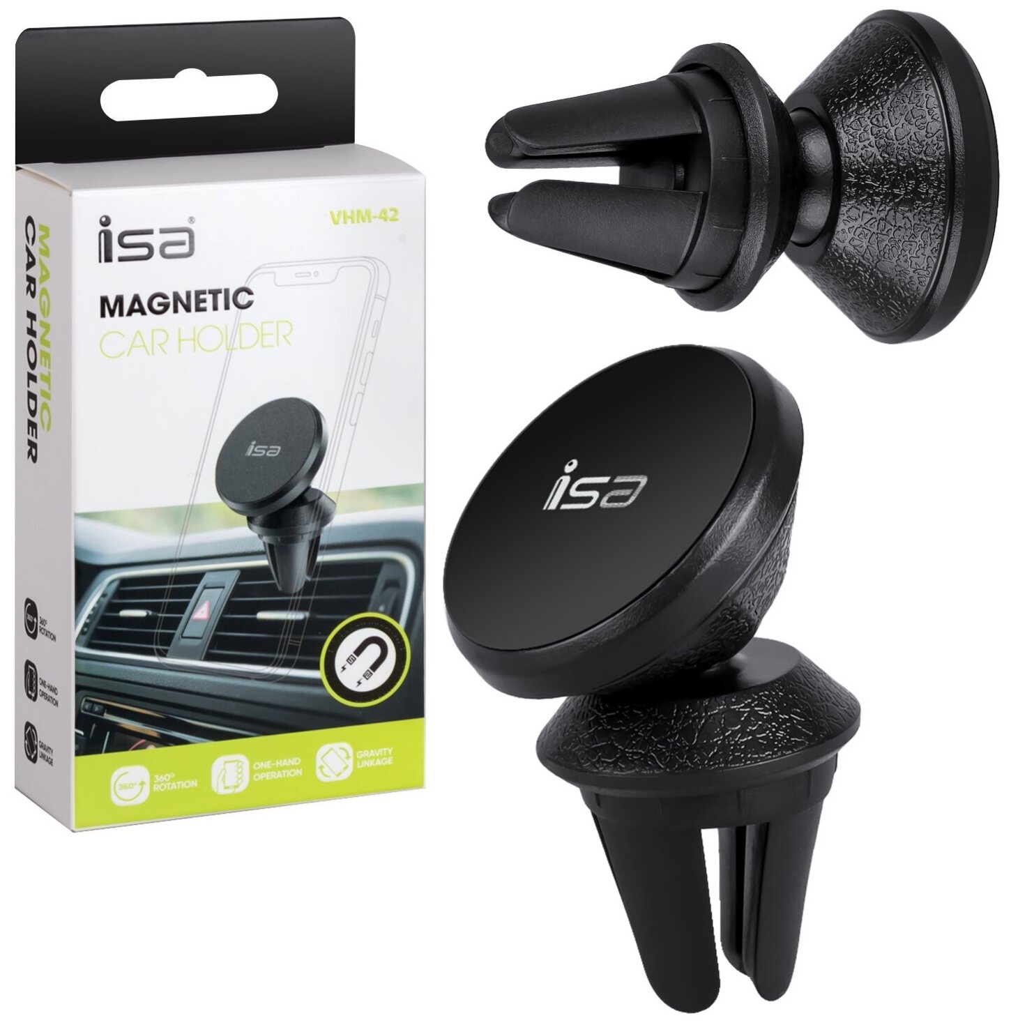 Магнитный держатель ISA VHM-42 Magnetic Car Holder чёрный.