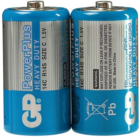 Батарейка солевая GP PowerPlus Heavy Duty, C, R14-2S, 1.5В, спайка, 2 шт.