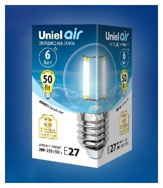 Лампа светодиодная Uniel Air UL-00002208, E27, G45, 6 Вт, 4000 К - фотография № 2