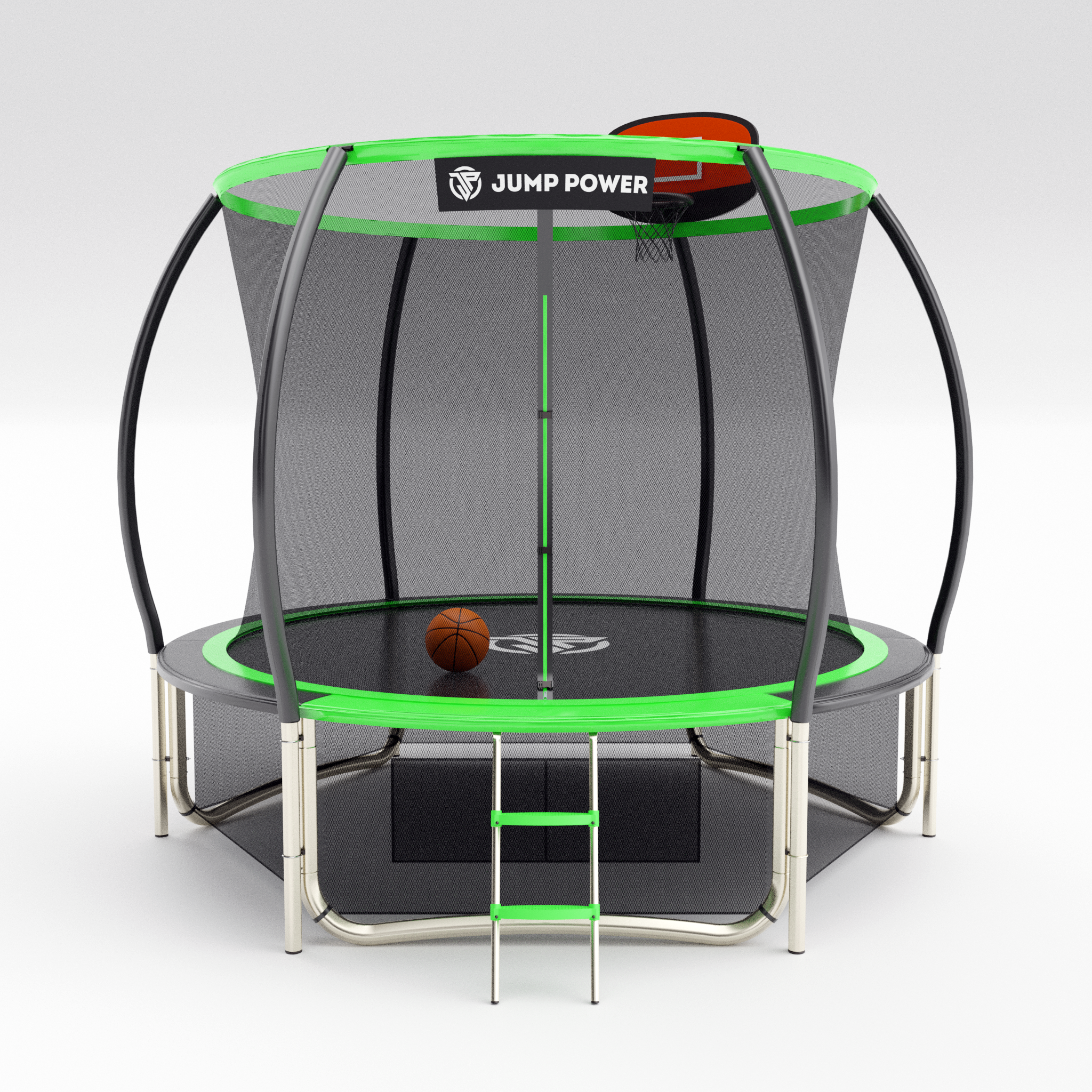 Батут каркасный детский Jump Power 306 см зеленый с защитной сеткой для детей/ игровой комплекс/баскетбольное кольцо+мяч/ максимальная нагрузка 150кг
