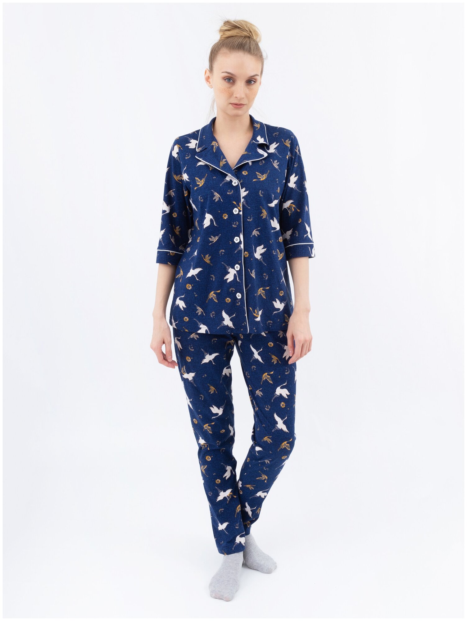 Пижама Монотекс, брюки, рубашка, короткий рукав, размер 48, синий - фотография № 1
