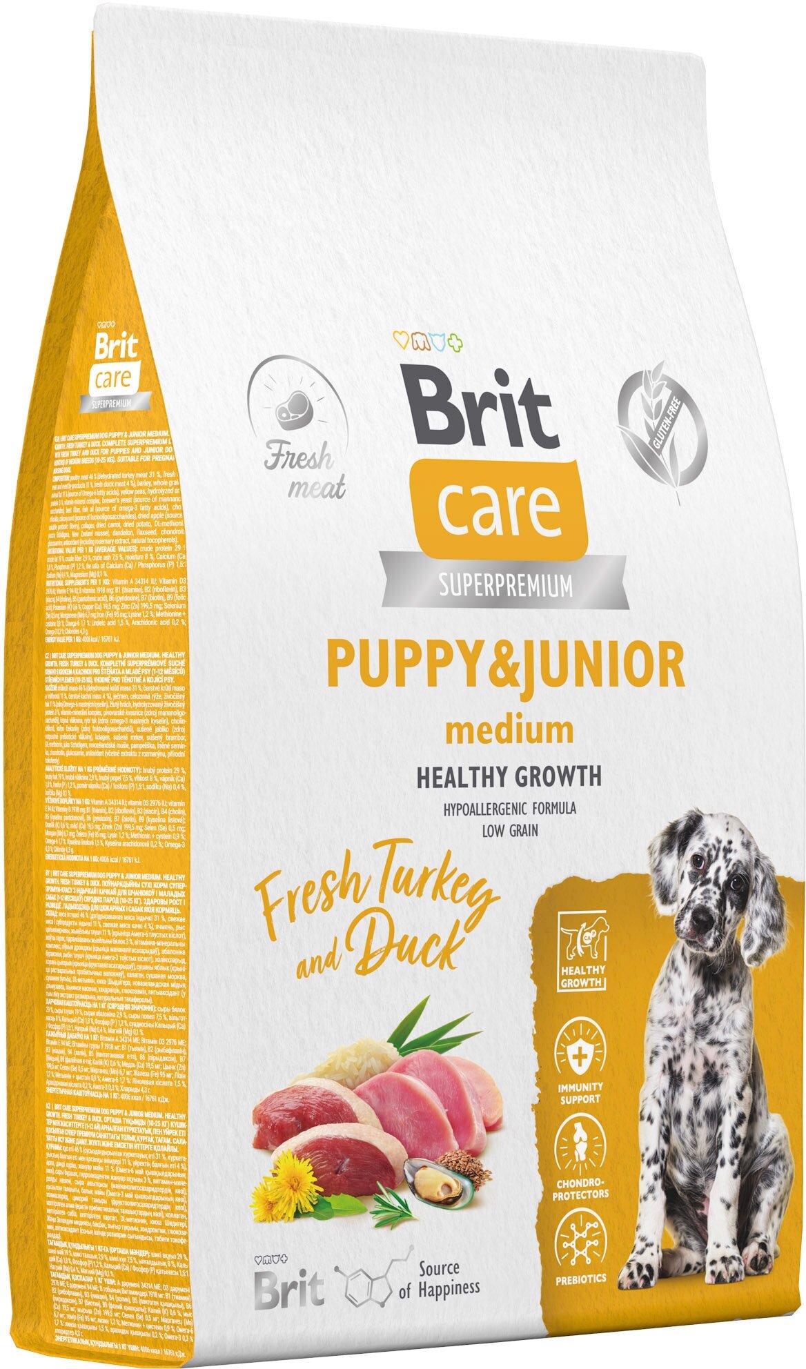 Сухой корм для щенков средних пород Brit Care Dog Puppy&Junior M Healthy Growth с индейкой и уткой