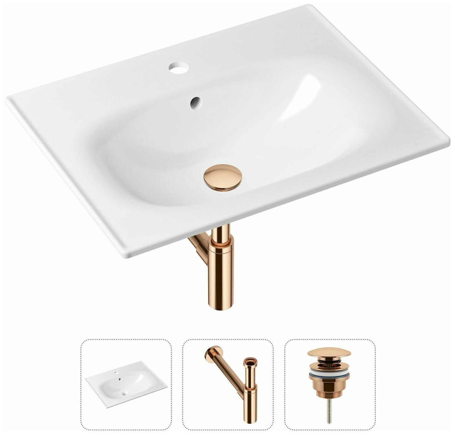 Врезная раковина в ванную Lavinia Boho Bathroom Sink 21520474 в комплекте 3 в 1: умывальник белый, донный клапан и сифон в цвете розовое золото