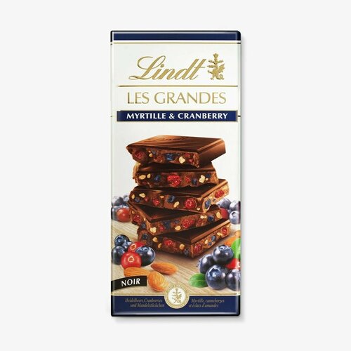 Темный шоколад Lindt LES GRANDES MYRTILLE&CRANBERRY, черника И клюква 150 г (Из Финляндии)