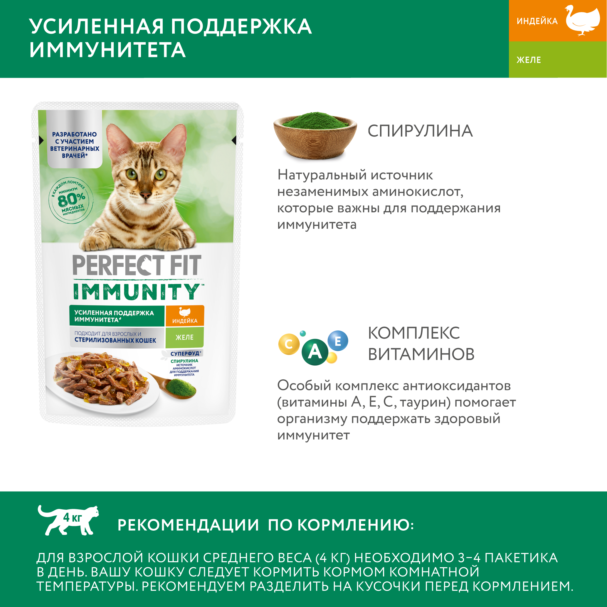 Perfect Fit Immunity влажный корм для иммунитета кошек, с индейкой в желе и спирулиной (28 шт в уп), 75 гр. — фото 1