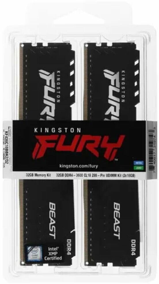 Оперативная память Kingston 32 Gb DIMM DDR4 3600 MHz FURY Beast Black Gaming (KF436C18BBK2/32)