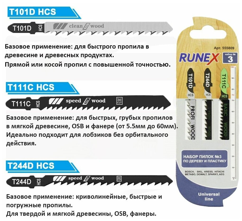 набор пилок для лобзика 3шт по дереву и пластику №3 runnex 555809 Runex - фото №4