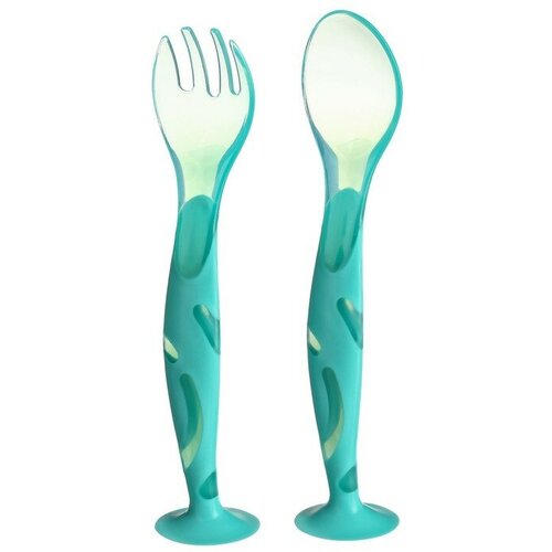 Набор детских столовых приборов: вилка и ложка, на присоске, цвет зеленый
