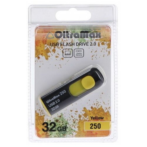 Флешка OltraMax 250, 32 Гб, USB2.0, чт до 15 Мб/с, зап до 8 Мб/с, жёлтая