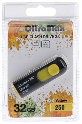 Флешка 250, 32 Гб, USB2.0, чт до 15 Мб/с, зап до 8 Мб/с, жёлтая